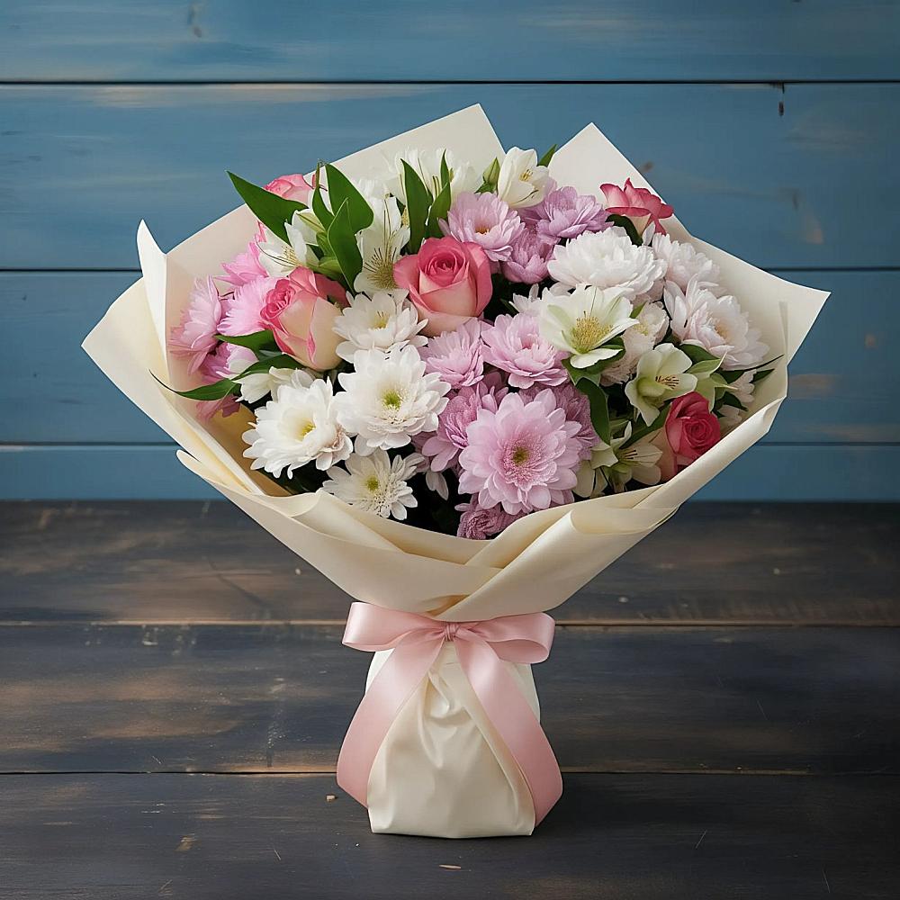 Букет цветов из: Хризантемы, Альстромерии и Розы в Богородицке